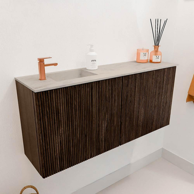 Mondiaz JOYA-DLUX 90cm meuble de salle de bains - couleur Walnut - Vasque FAYE position Gauche 1 trou de robinet couleur Opalo.