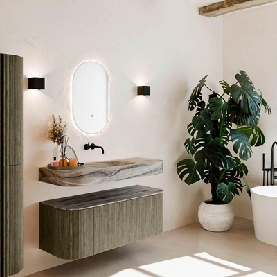 MONDIAZ THOR-DLUX 120cm meuble de salle de bains arrondi gauche + droite couleur Shadow avec 1 tiroir et 2 portes. Vasque suspendue CLOUD Milieu sans trou de robinet couleur Sombra.