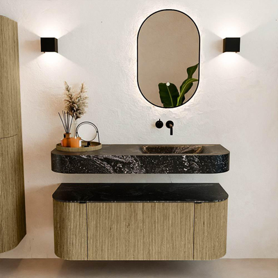 MONDIAZ THOR-DLUX Meuble de salle de bains - 120cm - arrondi gauche + droite - couleur Dusk - 1 tiroir - 2 portes - Vasque suspendue CLOUD droite sans trou de robinet - couleur Lava