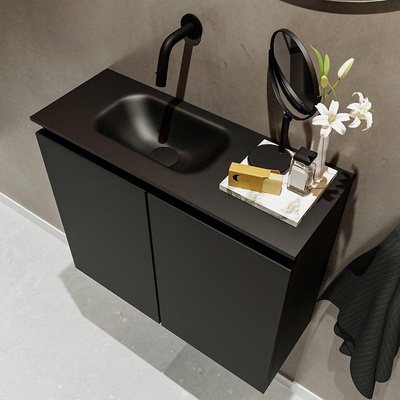 MONDIAZ TURE Fonteinset - 60x23x50cm - 0 kraangaten - 2 deuren - urban mat - Wasbak links - Solid Surface Zwart