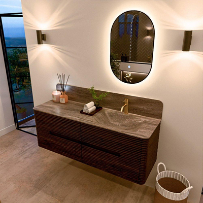 Mondiaz CIRO-DLUX Meuble de salle de bains - 140x45x50cm - Plan vasque Solid Surface Oza - 1 vasque à droite - 1 trou de robinet - 4 tiroirs - Noyer