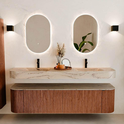 MONDIAZ THOR-DLUX 180cm meuble de salle de bains arrondi gauche + droite couleur Ruby avec 2 tiroirs et 2 portes. Vasque suspendue CLOUD Double 2 trous de robinet couleur Arena.