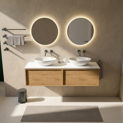 Saniclass Holz Frame Ensemble meuble de salle de bains - 160x45x42.5cm - plan de travail Torino en solid surface blanc - sans trou de robinet - 2 tiroirs - chêne natural mat (bois)