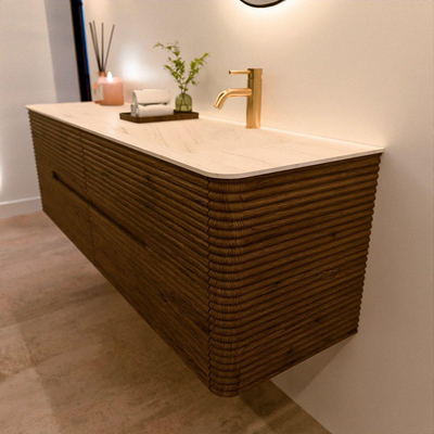 Mondiaz CIRO-DLUX Badkamermeubelset - 160x45x50cm - Solid surface wastafel Meli - 1 wasbak Rechts - 1 kraangat - 4 lades - Dusk