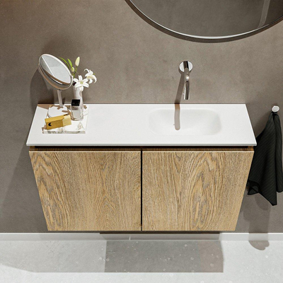 MONDIAZ TURE Toiletmeubel 80x23x50cm met 0 kraangaten 2 deuren washed oak mat Wastafel Eden rechts Solid Surface Wit