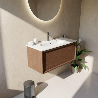 Saniclass Holz Frame Ensemble de meubles de salle de bains - 100x45x53.9cm - Lavabo Chaci en céramique blanc - 1 vasque - 1 trou de robinet - 1 tiroir - walnut pure mat (bois)