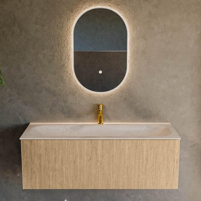 MONDIAZ KURVE-DLUX 120cm meuble de salle de bains couleur Oak avec 1 tiroir et 0 porte. Lavabo BIG LARGE Central 1 trou de robinet Meli.