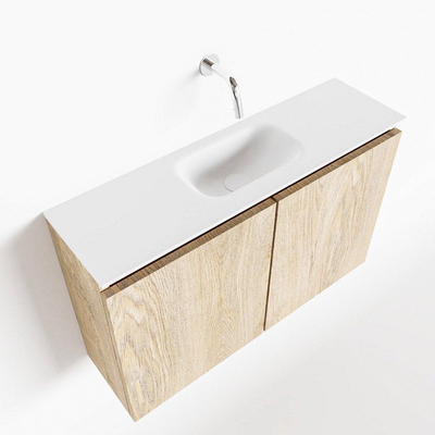 MONDIAZ TURE Fonteinset - 80x23x50cm - 0 kraangaten - 2 deuren - washed oak mat - Wasbak midden - Solid Surface Wit