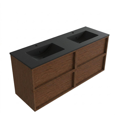 Saniclass Holz Frame Ensemble de meubles de salle de bains - 140x45x62cm - lavabo Vygo en céramique noir - 2 vasques - 2 trous de robinetterie - 4 tiroirs - walnut pure mat (bois)