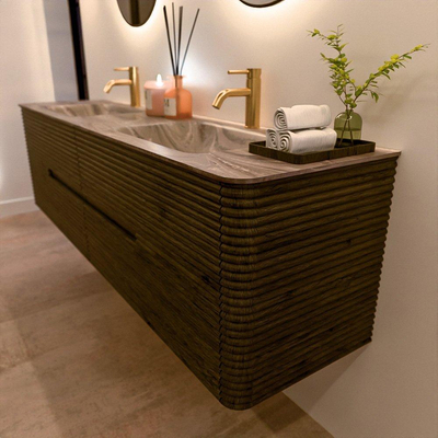 Mondiaz CIRO-DLUX Badkamermeubelset - 180x45x50cm - Solid surface wastafel Sombra - 2 wasbak Dubbel - 2 kraangaten - 4 lades - Shadow