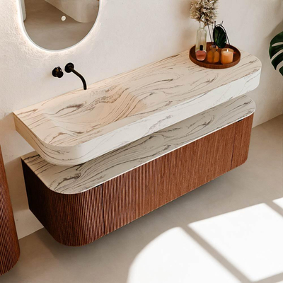 MONDIAZ THOR-DLUX 150cm meuble de salle de bains arrondi gauche + droite couleur Ruby avec 1 tiroir et 2 portes. Vasque suspendue CLOUD Gauche sans trou de robinet couleur Nata.