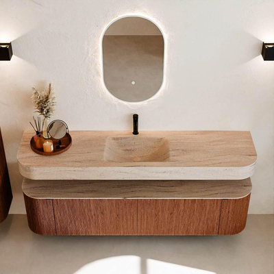 MONDIAZ THOR-DLUX 180cm meuble de salle de bains arrondi gauche + droite couleur Ruby avec 2 tiroirs et 2 portes. Vasque suspendue CLOUD Milieu 1 trou de robinet couleur Saba.