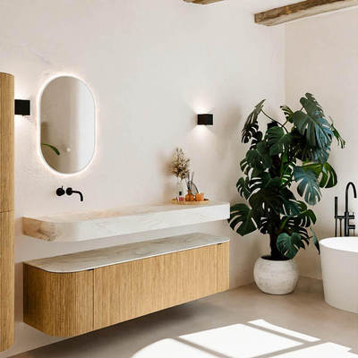 MONDIAZ THOR-DLUX 170cm meuble de salle de bains arrondi gauche + droite couleur Oak avec 1 tiroir et 2 portes. Vasque suspendue CLOUD Gauche sans trou de robinet couleur Ostra.