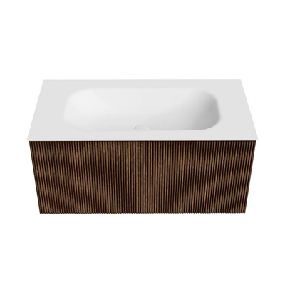 MONDIAZ KURVE Meuble de salle de bains 90cm couleur Walnut avec 1 tiroir. Lavabo BIG SMALL central 1 trou de robinet Talc.