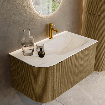 Mondiaz KURVE-DLUX Badkamermeubelset - 85x46x40cm - 1 lade - 1 deur - wastafel solid surface - rechts - 1 kraangat - Dusk