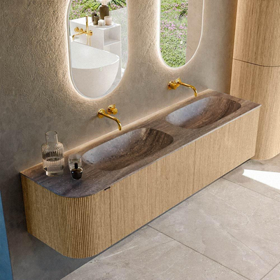 MONDIAZ KURVE-DLUX 175cm badmeubel ronding Links kleur Oak met 2 lades en 1 deur. Wastafel STOR SMALL Dubbel / Rechts zonder kraangat Oza.