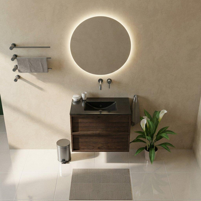 Saniclass Holz Frame Ensemble de meuble de salle de bains - 80x45x62cm - Vygo lavabo en céramique noir - 1 vasque - sans trou de robinet - 2 tiroirs - chêne charcoal mat (bois)