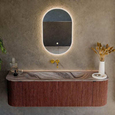 MONDIAZ KURVE-DLUX Meuble de salle de bains 150cm arrondi Gauche + Droite couleur Ruby avec 1 tiroir et 2 portes. Lavabo BIG MEDIUM Central sans trou de robinet Sombra.