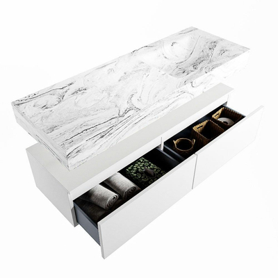 Mondiaz ALAN-DLUX Ensemble de meuble - 130cm - meuble Talc mat - 2 tiroirs - Lavabo Cloud Glace suspendu - vasque Droite - 0 trous de robinet