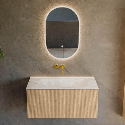 MONDIAZ KURVE-DLUX Meuble de salle de bains 90cm couleur Oak avec 1 tiroir. Lavabo BIG SMALL central sans trou de robinet couleur Ostra.