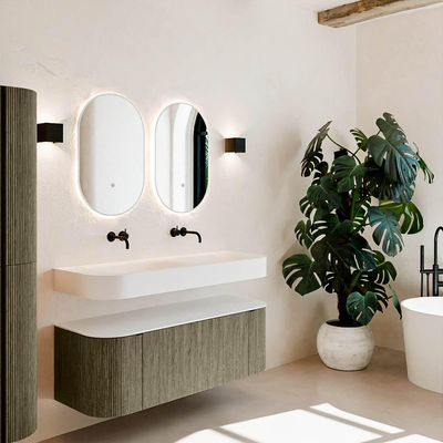 MONDIAZ THOR 130cm meuble de salle de bains arrondi gauche + droite couleur Shadow avec 1 tiroir et 2 portes. Vasque suspendue CLOUD Double sans trou de robinet couleur Talc.