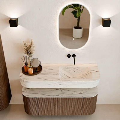 MONDIAZ THOR-DLUX 120cm badmeubel ronding links + rechts kleur Walnut met 1 lade en 2 deuren. Vrijhangende wastafel CLOUD Rechts zonder kraangat kleur Nata.