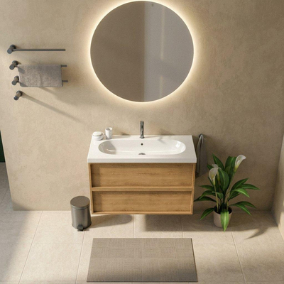 Saniclass Holz Frame Ensemble meuble de salle de bains - 100x45x63.5cm - lavabo en céramique Palermo blanc - 1 vasque - 1 trou de robinetterie - 2 tiroirs - chêne natural mat (bois)