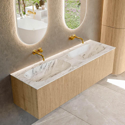 MONDIAZ KURVE-DLUX 150cm meuble de salle de bains couleur Oak avec 2 tiroirs. Plan vasque STOR SMALL double sans trou de robinet couleur Glace.