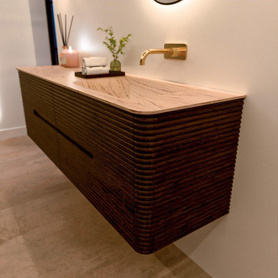 Mondiaz CIRO-DLUX Ensemble de meubles de salle de bains - 160x45x50cm - Plan vasque Solid surface Arena - 1 lavabo à droite - sans trous de robinet - 4 tiroirs - Noyer