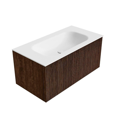 MONDIAZ KURVE Meuble de salle de bains 90cm couleur Walnut avec 1 tiroir. Lavabo BIG SMALL central sans trou de robinet Talc.