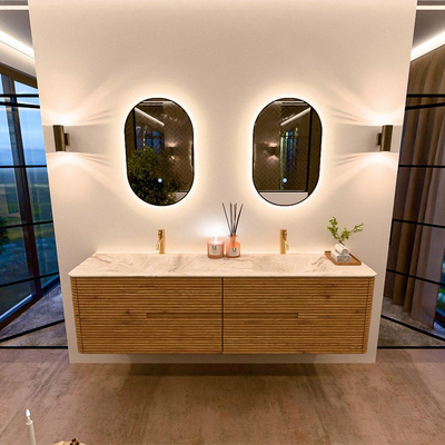 Mondiaz CIRO-DLUX Badkamermeubelset - 180x45x50cm - Solid surface wastafel Frappe - 2 wasbak Dubbel - 2 kraangaten - 4 lades - Oak