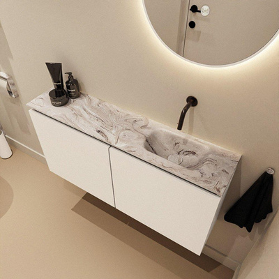 MONDIAZ TURE-DLUX Meuble de toilettes 100 cm Talc. Lavabo EDEN Glace position à droite. Sans trou de robinet.