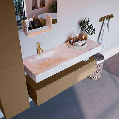 Mondiaz ALAN-DLUX Ensemble de meuble - 130cm - meuble Oro mat - 1 tiroir - Lavabo Cloud Ostra suspendu - vasque Gauche - 1 trou de robinet