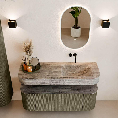 MONDIAZ THOR-DLUX Meuble de salle de bains 130cm arrondi gauche + droite couleur Shadow avec 1 tiroir et 2 portes. Vasque suspendue CLOUD Droite sans trou de robinet couleur Oza.