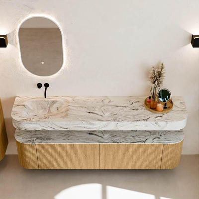MONDIAZ THOR-DLUX 190cm badmeubel ronding links + rechts kleur Oak met 2 lades en 2 deuren. Vrijhangende wastafel CLOUD Links zonder kraangat kleur Glace.