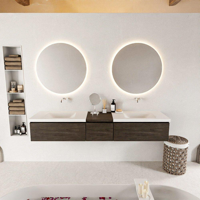 MONDIAZ BUKLA 200cm meuble de salle de bain avec module 40 couleur Marron Foncé avec 3 tiroirs. Lavabo CLOUD double 0 trou de robinet couleur Talc.