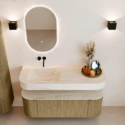 MONDIAZ THOR-DLUX 130cm meuble de salle de bains arrondi gauche + droite couleur Dusk avec 1 tiroir et 2 portes. Vasque suspendue CLOUD Gauche sans trou de robinet couleur Meli.