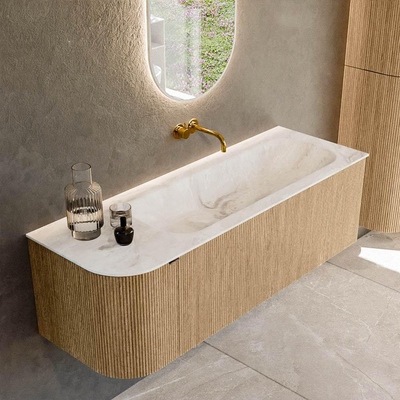 MONDIAZ KURVE-DLUX meuble de salle de bains 135cm avec module 25 L couleur chêne avec 1 tiroir et 1 porte. Lavabo BIG MEDIUM à droite sans trou de robinet couleur Frappe.