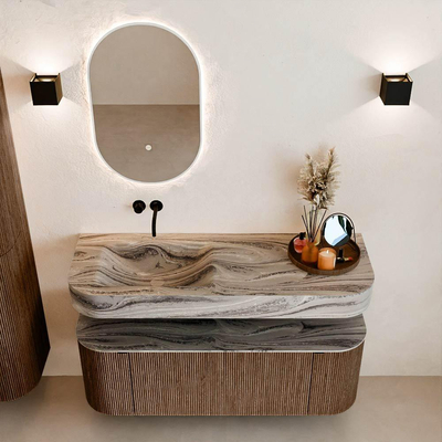MONDIAZ THOR-DLUX 130cm badmeubel ronding links + rechts kleur Walnut met 1 lade en 2 deuren. Vrijhangende wastafel CLOUD Links zonder kraangat kleur Sombra.
