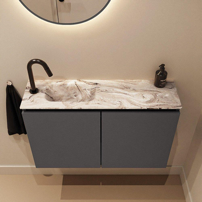 MONDIAZ TURE-DLUX Meuble toilette - 80cm - Dark Grey - EDEN - vasque Glace - position gauche - 1 trou de robinet