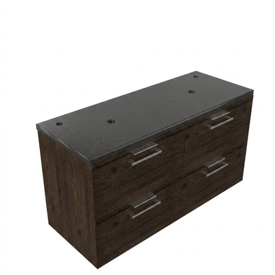 Saniclass Holz Pure Ensemble meuble de salle de bains - 120x45x63cm - Plan vasque en basalte Noche poli (noir) - 2 trous de robinet - 4 tiroirs - chêne charcoal mat (bois)