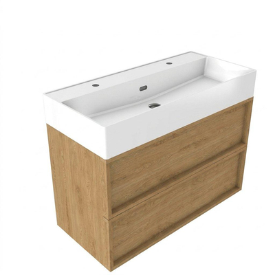 Saniclass Holz Frame Ensemble meuble de salle de bains - 100x45x72cm - Legend lavabo en céramique blanc - 1 vasque - 2 trous de robinet - 2 tiroirs - chêne natural mat (bois)