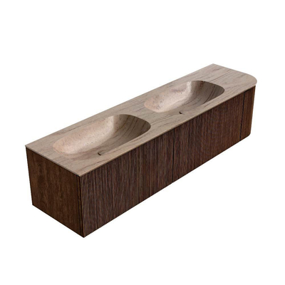 MONDIAZ KURVE-DLUX 175cm badmeubel ronding Rechts kleur Walnut met 2 lades en 1 deur. Wastafel STOR SMALL Dubbel / Links 2 kraangaten Saba.