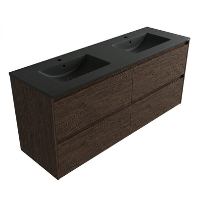 Saniclass Holz Pure Ensemble de meubles de salle de bains - 140x45x62cm - Lavabo Vygo en céramique noir - 2 vasques - 2 trous de robinet - 4 tiroirs - chêne charcoal mat (bois)