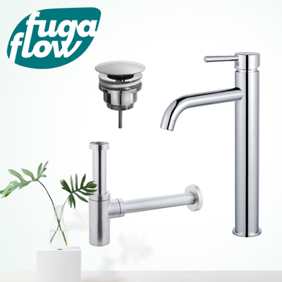 FugaFlow Eccelente Sobrado Kit mitigeur lavabo - robinet rehaussé - bonde nonobturable - siphon design - Chrome brillant