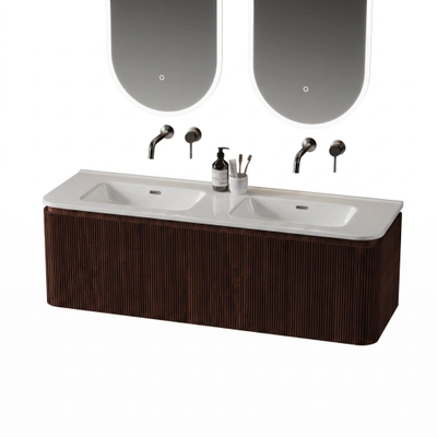 Royal Plaza Terra Edge Ensemble meuble de salle de bains - 140x45.5x46cm - vasque en céramique blanc brillant - 2 vasques - sans trous de robinet - 2 tiroirs - châtaignier (noyer)