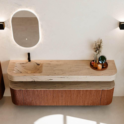 MONDIAZ THOR-DLUX 190cm badmeubel ronding links + rechts kleur Ruby met 2 lades en 2 deuren. Vrijhangende wastafel CLOUD Links 1 kraangat kleur Arena.