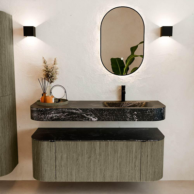 MONDIAZ THOR-DLUX 130cm meuble de salle de bains arrondi gauche + droite couleur Shadow avec 1 tiroir et 2 portes. Vasque suspendue CLOUD Droite 1 trou de robinet couleur Lava.