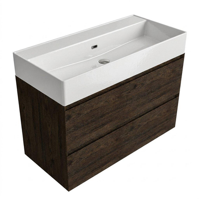 Saniclass Holz Pure Ensemble de meubles de salle de bains - 100x45x72cm - Legend lavabo en céramique blanc - 1 vasque - sans trou de robinet - 2 tiroirs - chêne charcoal mat (bois)