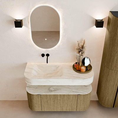 MONDIAZ THOR-DLUX 110cm meuble de salle de bains arrondi gauche + droite couleur Dusk avec 1 tiroir et 2 portes. Vasque suspendue CLOUD Gauche sans trou de robinet couleur Ostra.